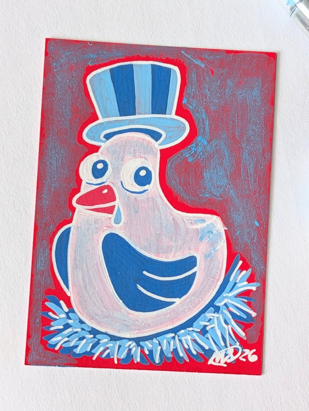 ACEO Original Red White & Blue Chicken 2.5×3.5 Painting Card By Mattoodles